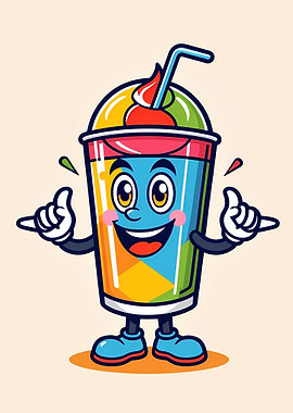Smiling Rainbow Slush Cup Mascot with Straw