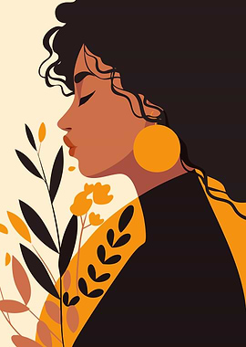 Elegant Woman Autumn Flowers Illustration Boho Minimalist Art