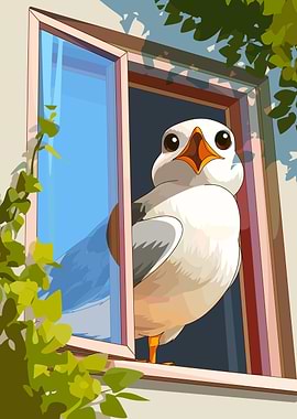 Cartoon Bird in Window Illustration