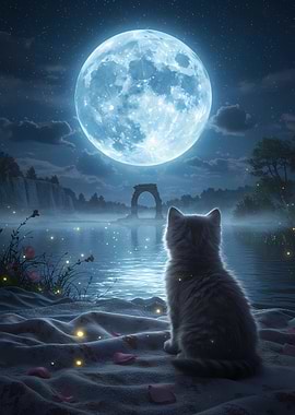 Cat gazing at the moonlit landscape