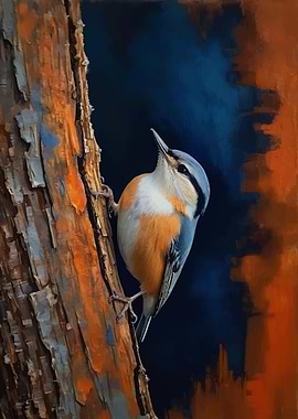 Nuthatch on Tree Trunk Painting