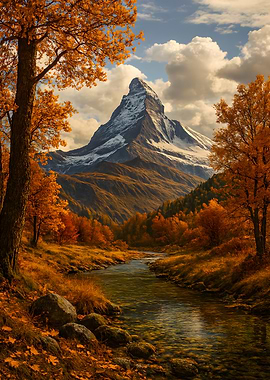 Autumn Mountain Landscape with River