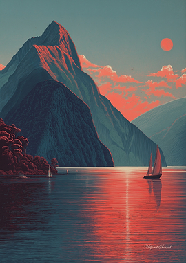 Milford Sound New Zealand Beautiful Mountain Lake Landscape Art