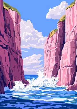 Peaceful Pastel Pink Cliffs Ocean Waves Landscape Minimalist Art Illustration