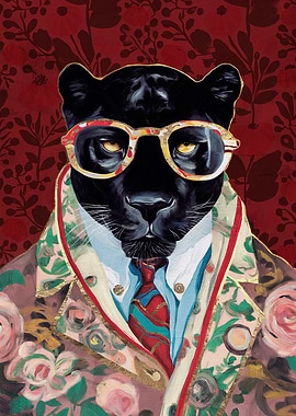 Dapper Panther Portrait with Floral Suit