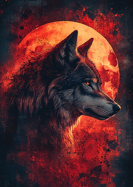 Wolf with Red Moon