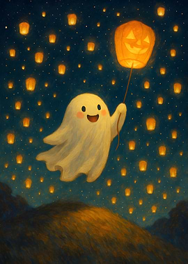 Cute Ghost with Jack-o'-Lantern