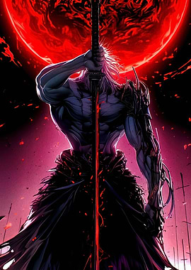 Warrior with Sword and Red Moon