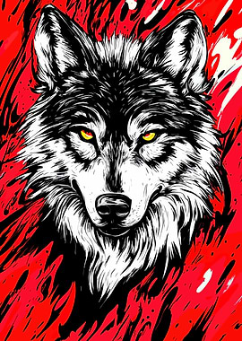 Wolf Portrait with Red Splatter Background