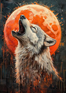 Howling Wolf with Orange Moon Painting