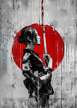 Samurai Woman with Sword and Red Sun
