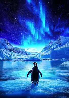 Penguin under Aurora Borealis
