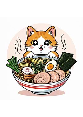 Cartoon Cat with Ramen Bowl
