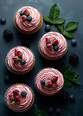 Cupcakes with Pink Frosting and Berries