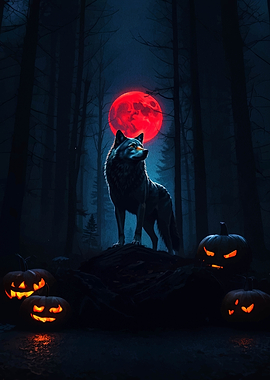 Wolf, Red Moon, and Halloween Pumpkins
