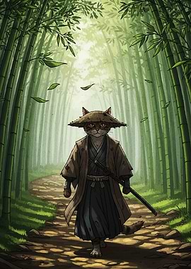 Samurai Cat in Bamboo Forest