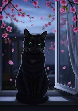 Crying Black Cat by the Window