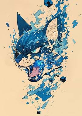 Blue Pixelated Cat Head Illustration
