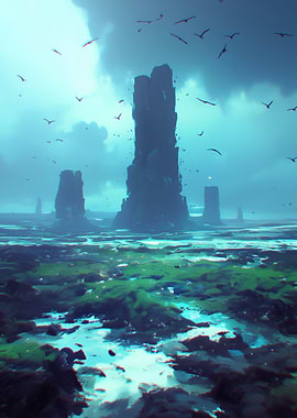 Mystical Landscape with Towering Structures