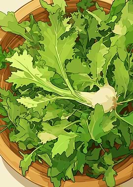 Turnip Greens in a Wooden Bowl