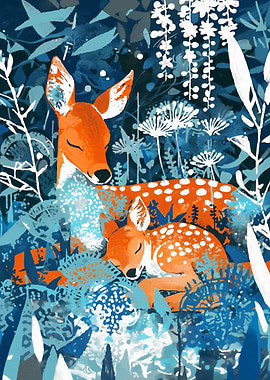 Deer and Fawn in Blue Forest