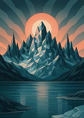 Geometric Mountain Landscape with Lake