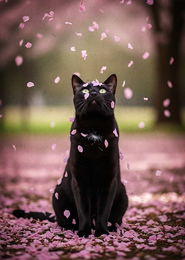 Black Cat and Cherry Blossom Petals