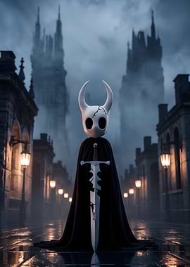 Hollow Knight in a Gothic Cityscape
