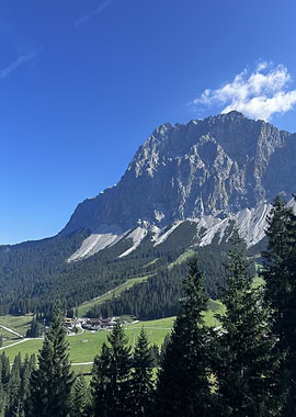 Mountain Landscape Zugspitze with Forest and Blue Sky