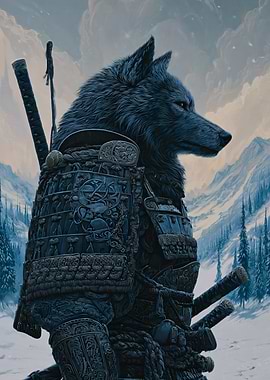Wolf Samurai in Snowy Landscape