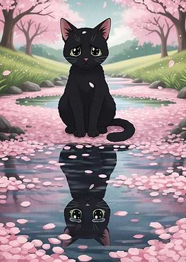 Sad Black Cat Reflection in Cherry Blossoms