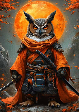 Owl Samurai Warrior with Swords