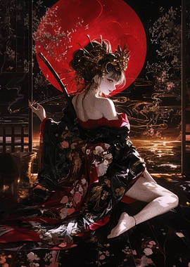 Geisha with Red Moon Digital Art