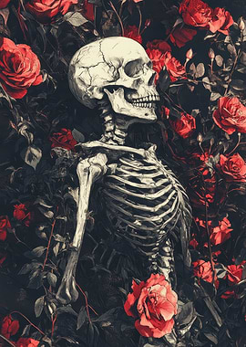 Skeleton and Roses Dark Floral Art