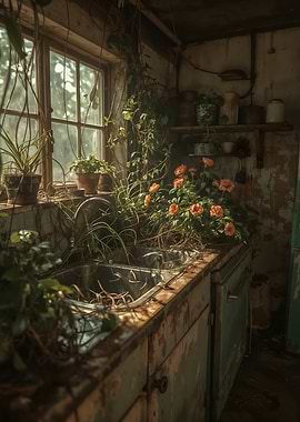 Overgrown Kitchen Sink with Plants