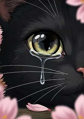 Crying Black Cat with Cherry Blossoms