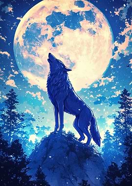 Blue Wolf Howling at the Moon