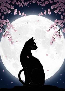 Black cat under cherry blossom moon