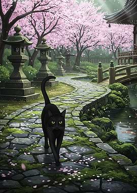 Black Cat in Japanese Garden