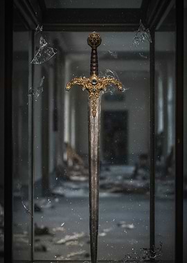 Ornate Sword in Broken Glass Case