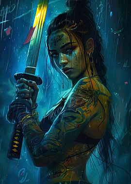 Cyberpunk Warrior Woman with Katana