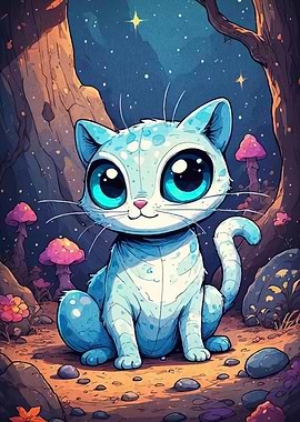 Cute Blue Cat in Enchanted Forest