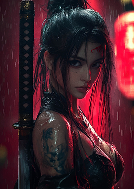 Cyberpunk Samurai Woman in the Rain