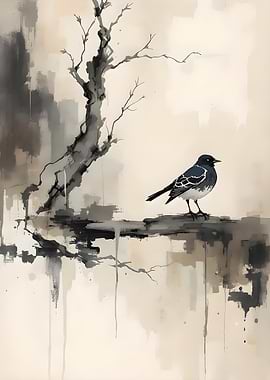 Bird on Branch Abstract Painting