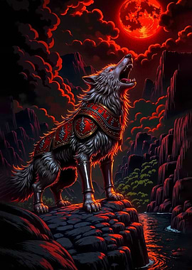 Armored Wolf Howling at Red Moon