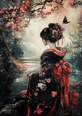 Geisha in Garden with Cherry Blossoms