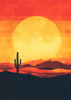 A minimalist desert scene with a glowing sun