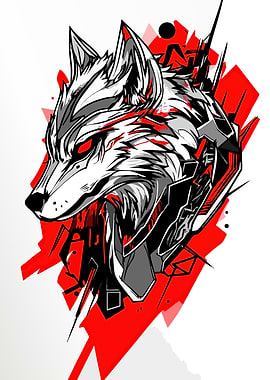 Abstract Wolf Head with Red Accents