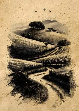 Rural Landscape Sketch with Winding Road