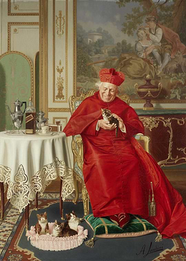 Cardinal Holding Kitten Painting